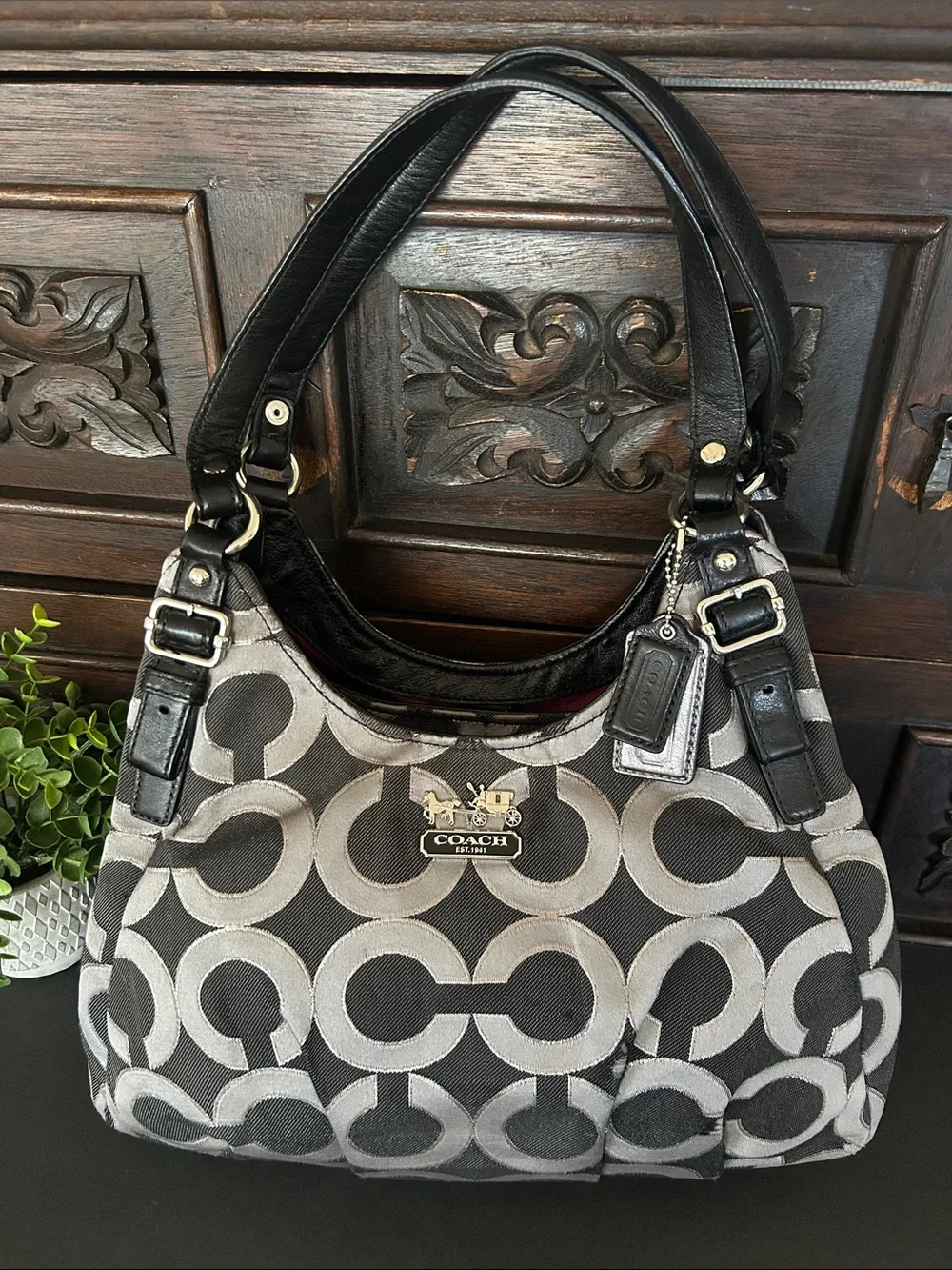Coach Black & Gray Signature Canvas Shoulder Bag
